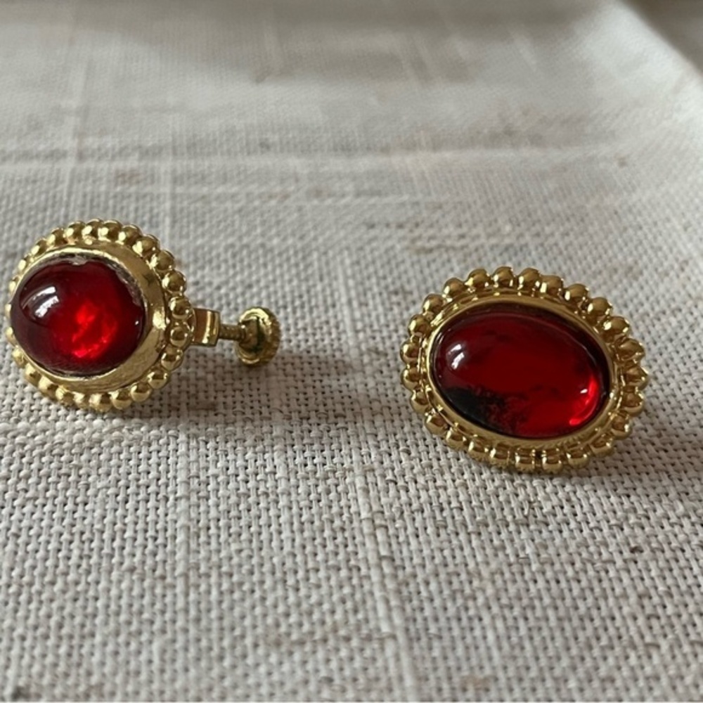 Vintage Gold and Red Clip-On Earrings